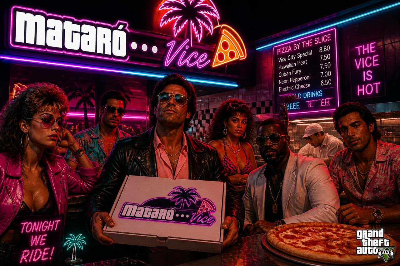 Equipo de Vice Pizza Mataró con una caja de pizza bajo los neones