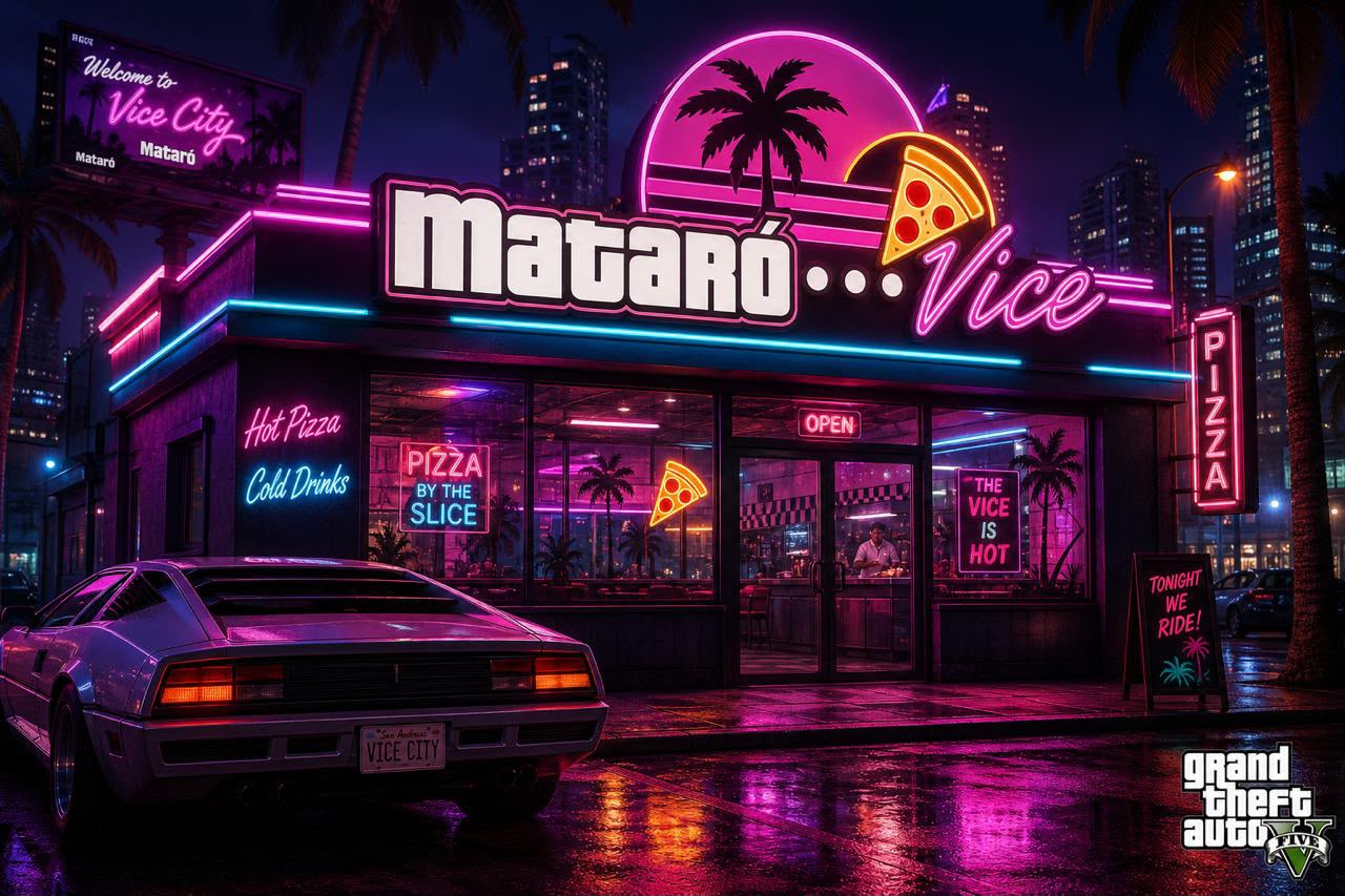 Fachada de Vice Pizza Mataró con rótulo de neón