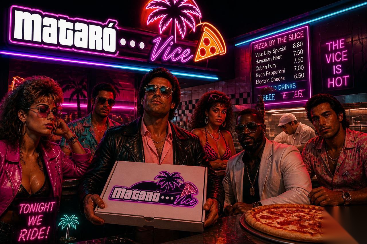 Equipo de Vice Pizza Mataró con una caja de pizza bajo los neones